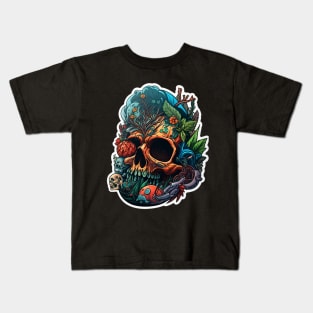 Floral Skull Tattoo Illustration: Edgy Design Kids T-Shirt